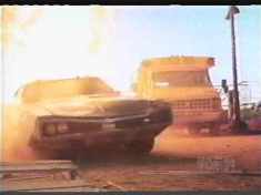 A school bus chasing a black sedan through an inferno. Now theres something you dont see everyday.